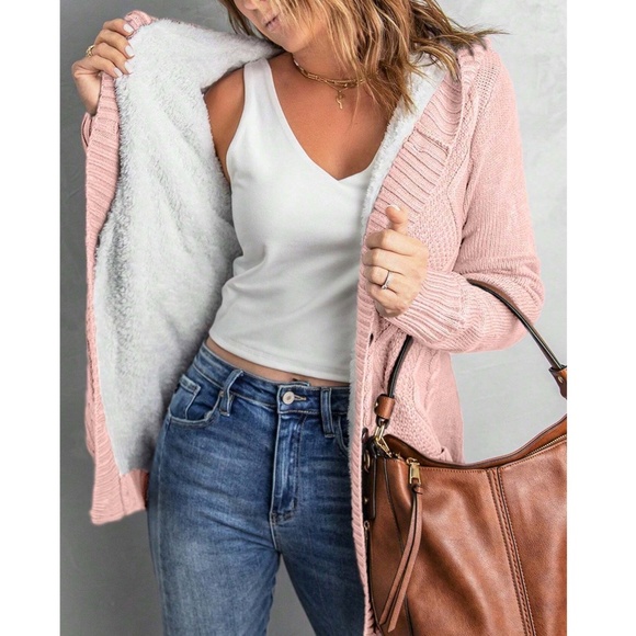 Sweaters - Cozy Blush Pink Teddy Lined Cable knit Hoodie Cardigan Jacket Shacket